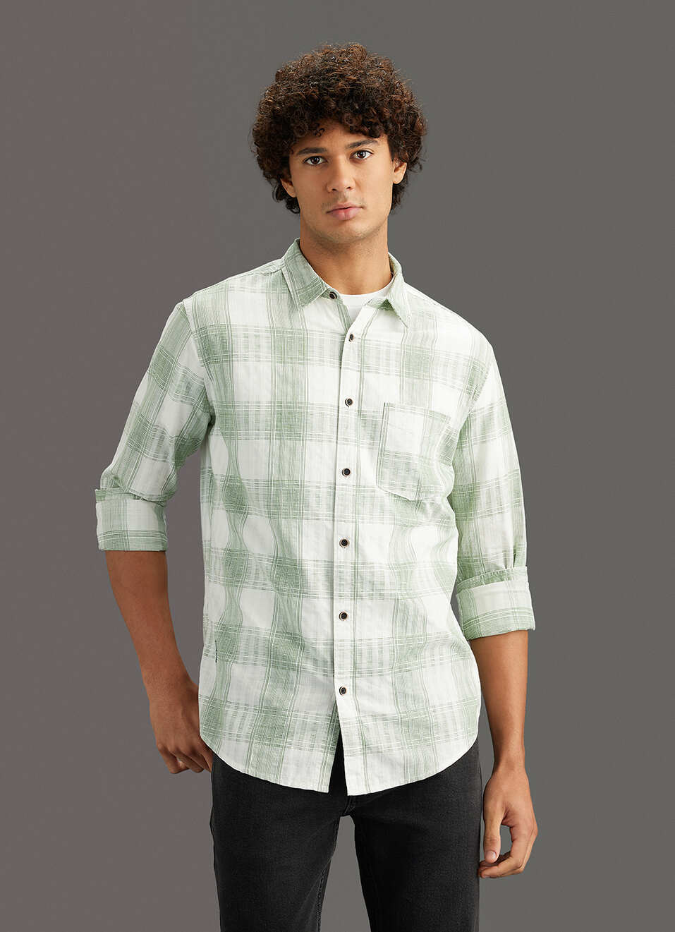 Men Olive Checked Regular Fit Shirt, , large image number 5
