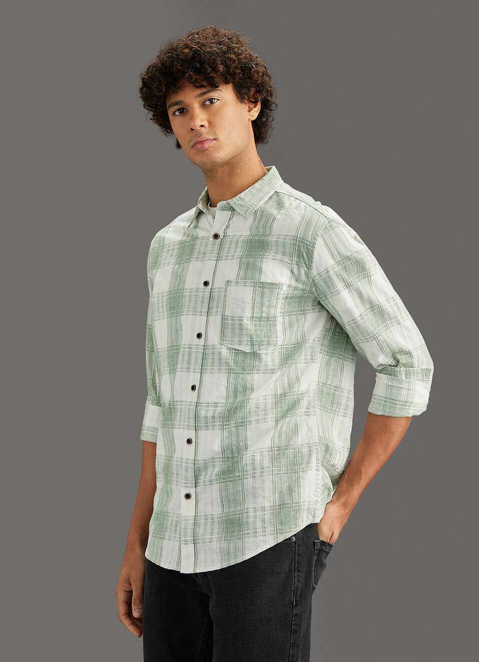 Men Olive Checked Regular Fit Shirt, , large image number 7