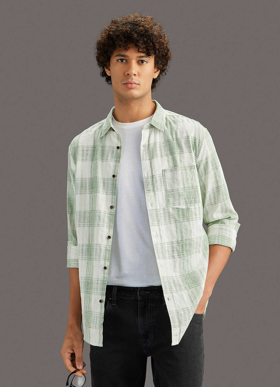 Men Olive Checked Regular Fit Shirt, , large image number 0