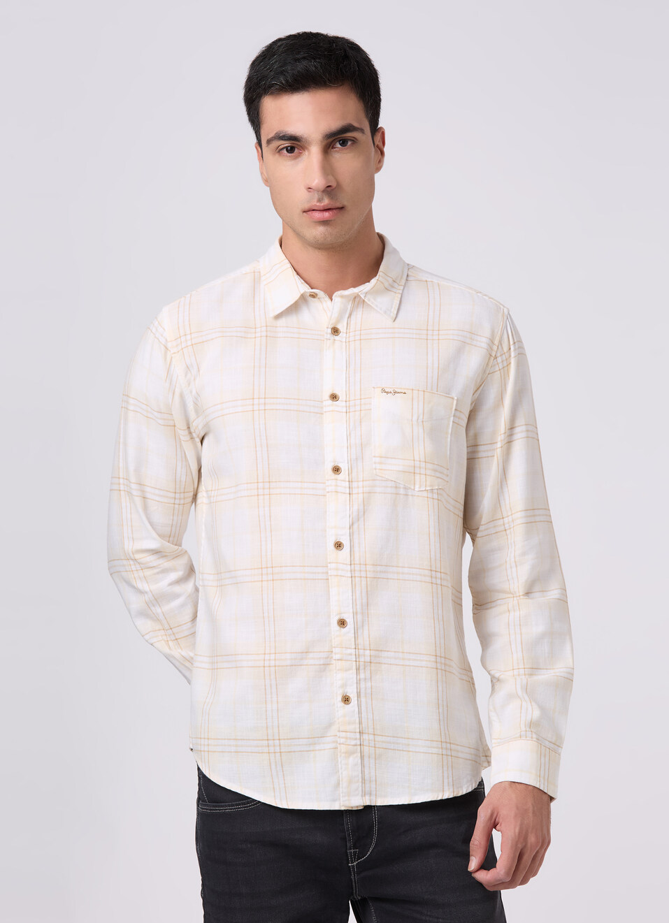 Mens Beige Checked Full Sleeves Shirt, , large image number 1