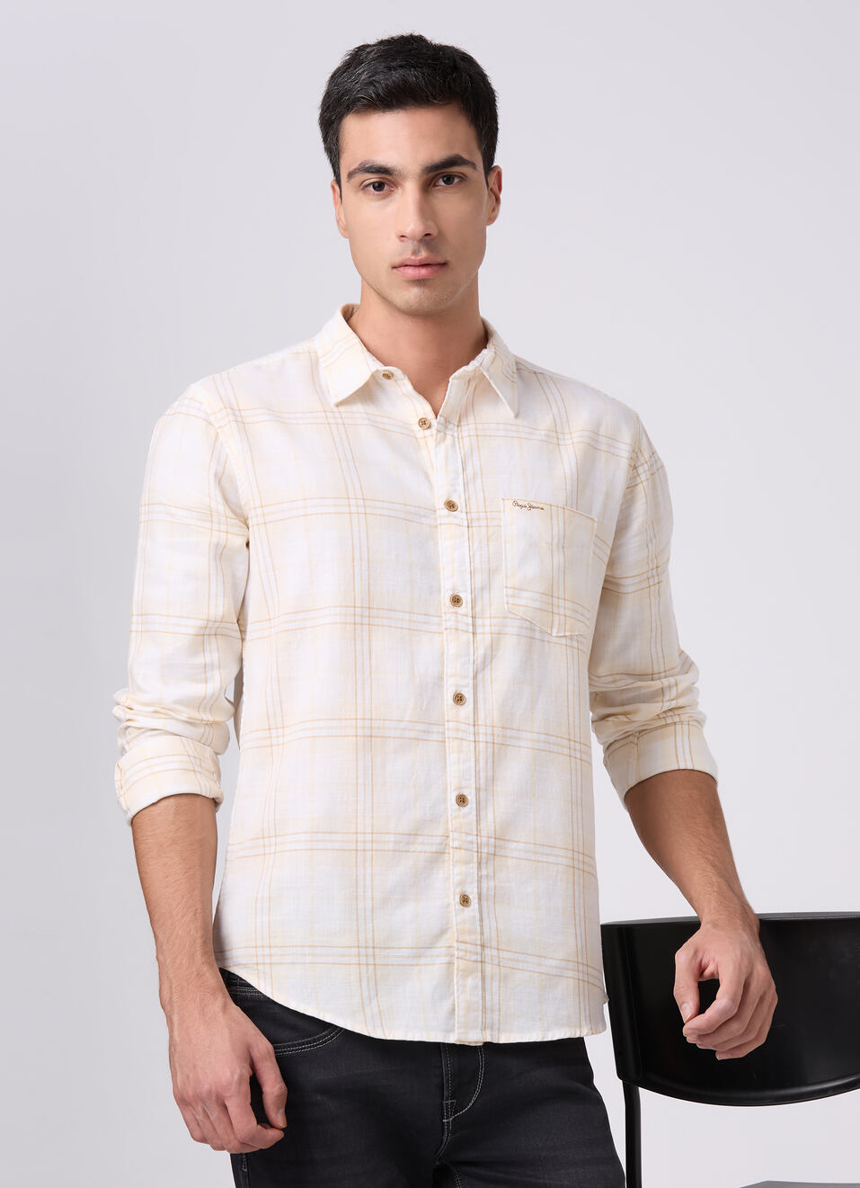Mens Beige Checked Full Sleeves Shirt, , large image number 0