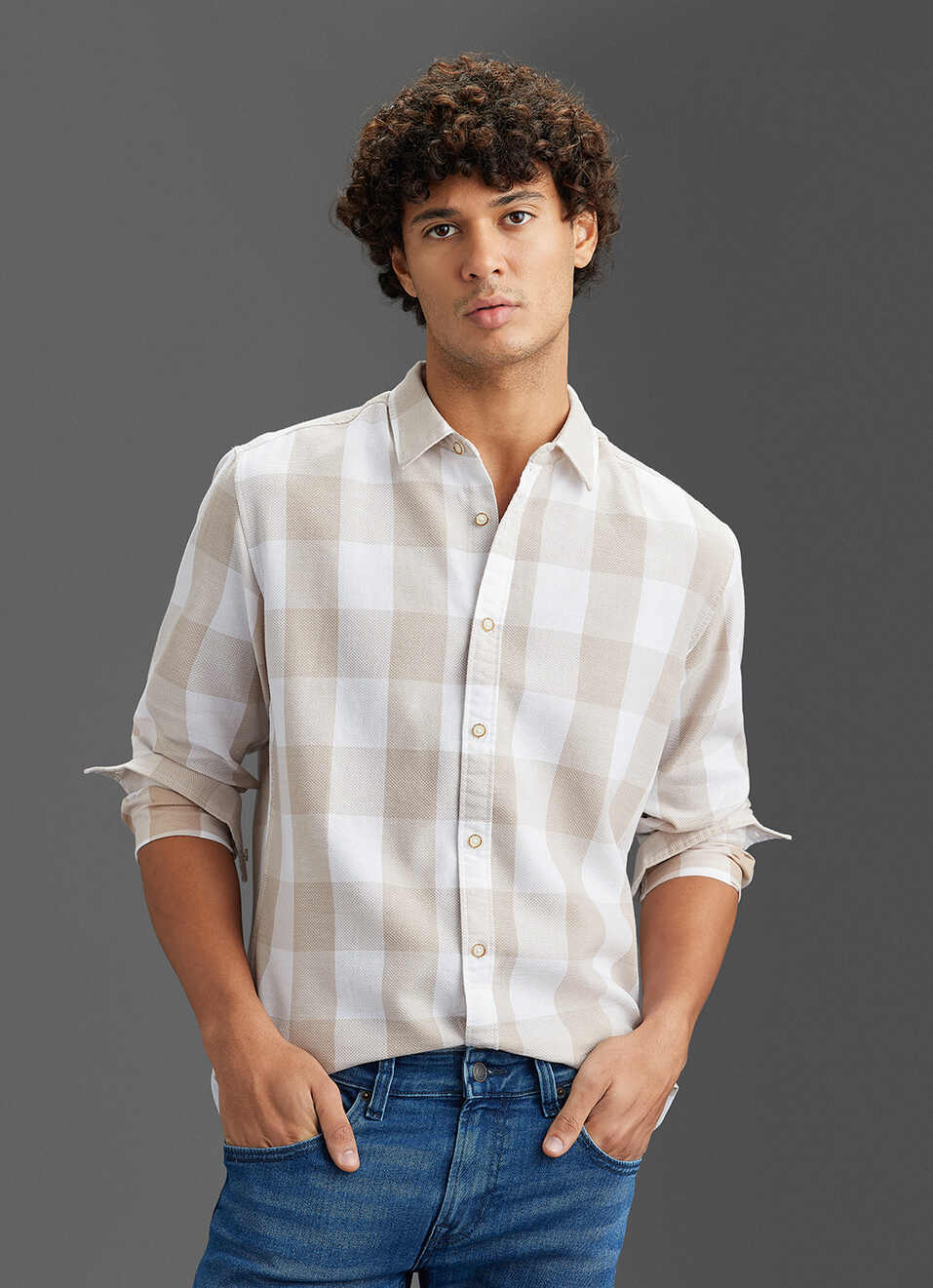 Men Beige Checked Regular Fit Long Sleeve Shirt, , large image number 5