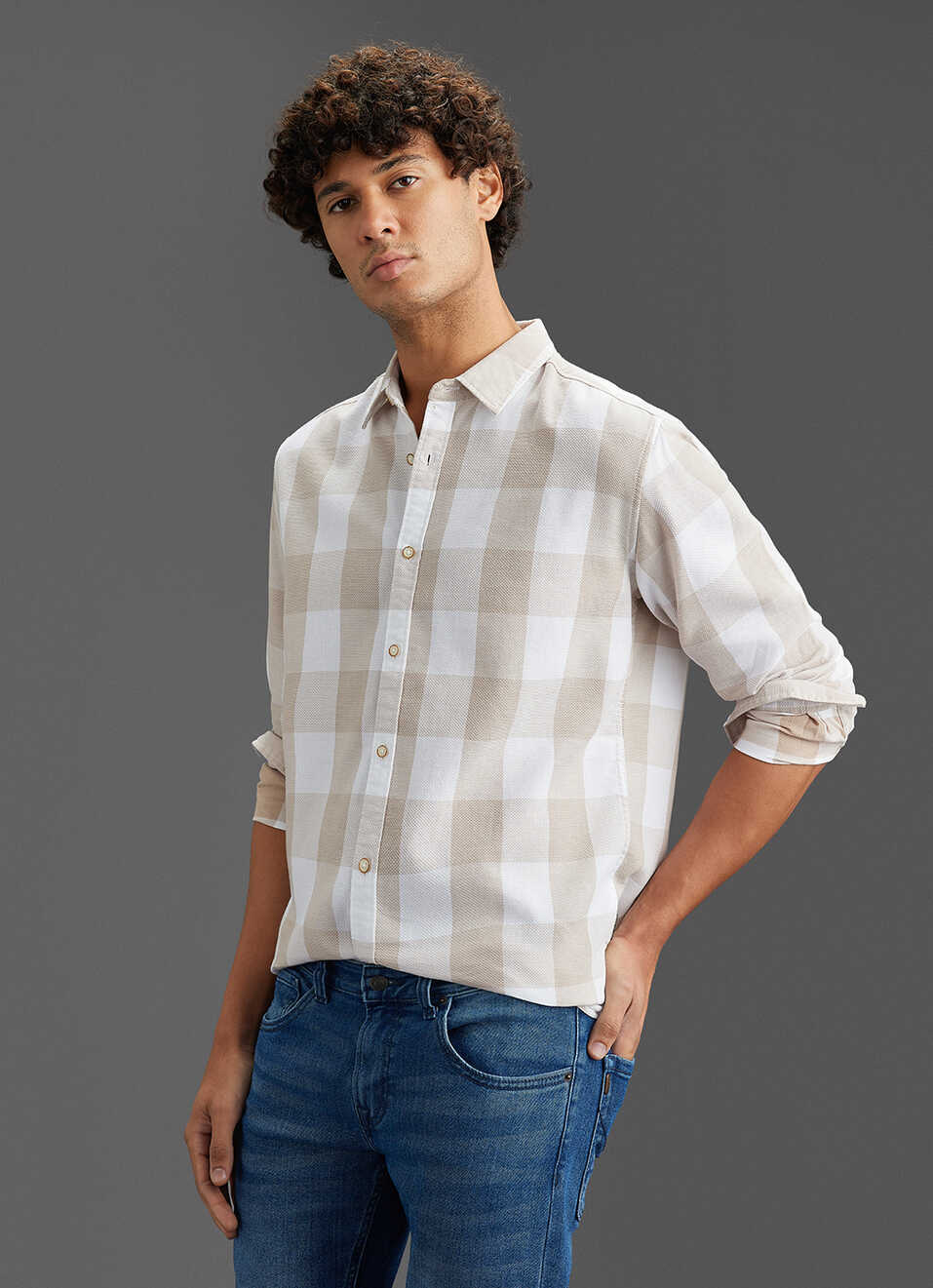 Men Beige Checked Regular Fit Long Sleeve Shirt, , large image number 7