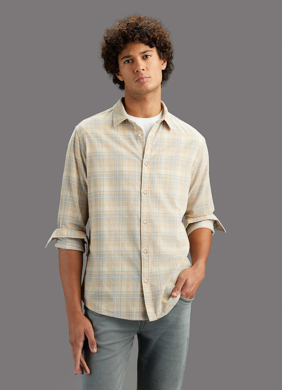 Men Beige Checked Regular Fit Shirt, , large image number 5