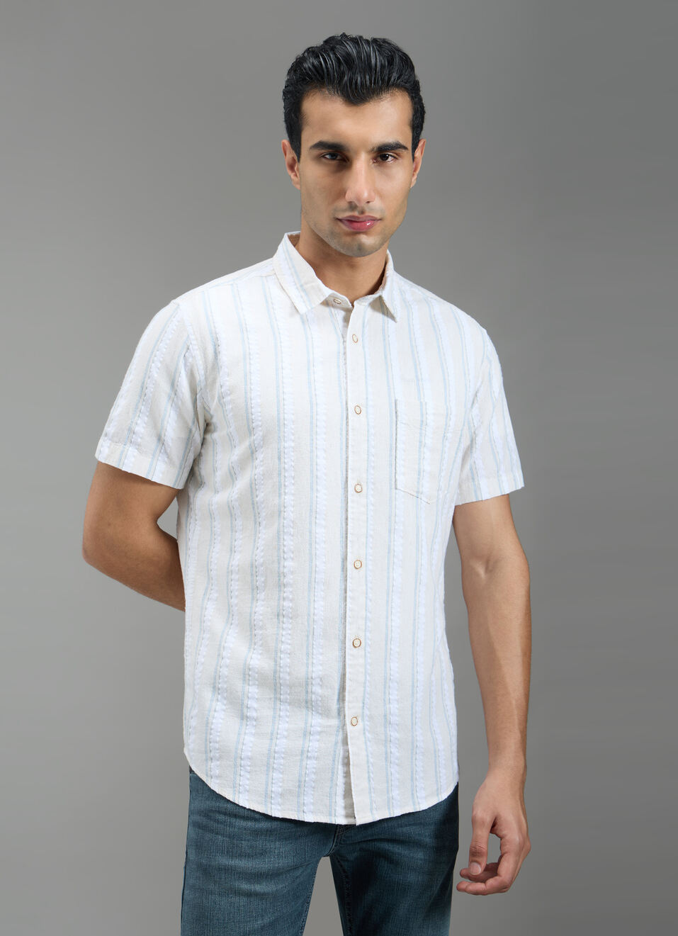 Men Beige Striped Shirt, , large image number 1