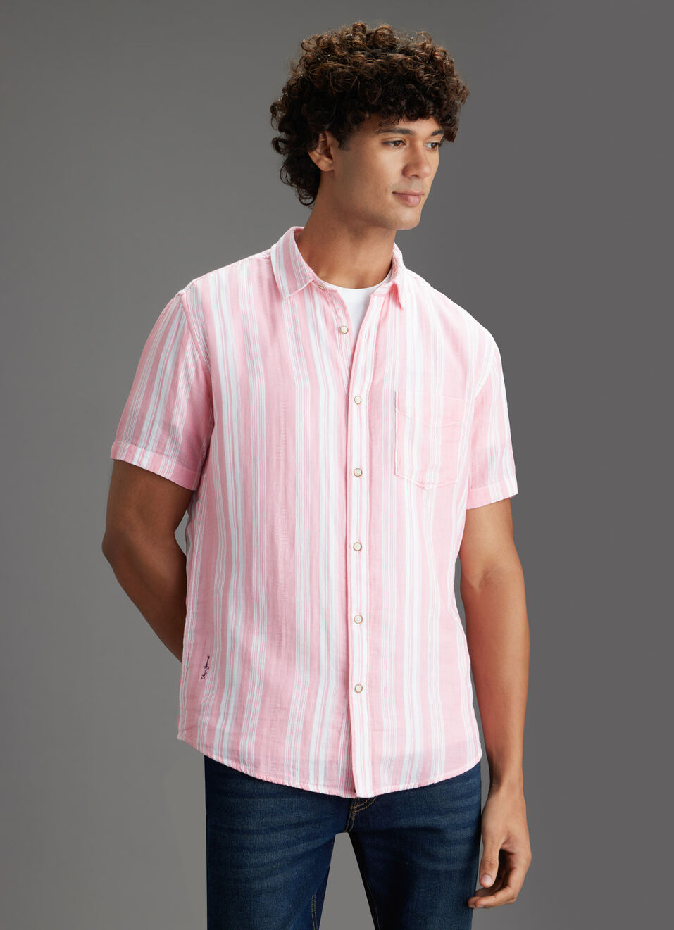 Men Pink Striped Regular Fit Short Sleeve Casual Shirt, , large image number 5
