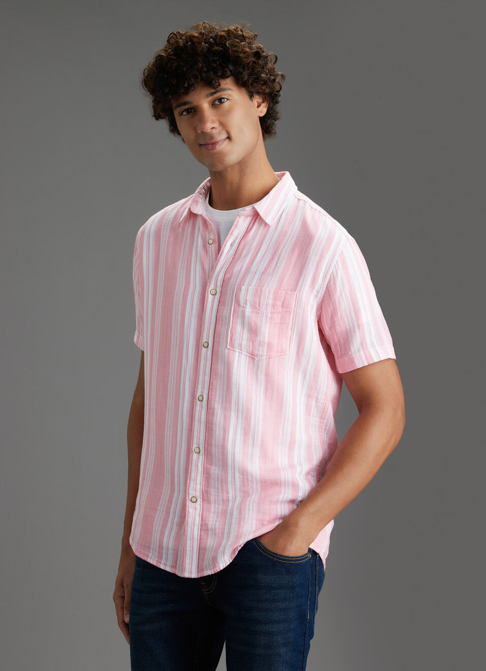 Men Pink Striped Regular Fit Short Sleeve Casual Shirt, , large image number 7