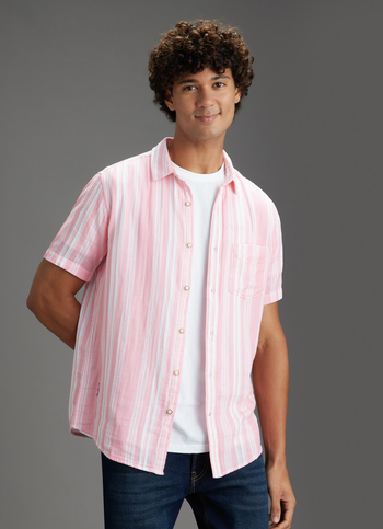 Men Pink Striped Regular Fit Short Sleeve Casual Shirt