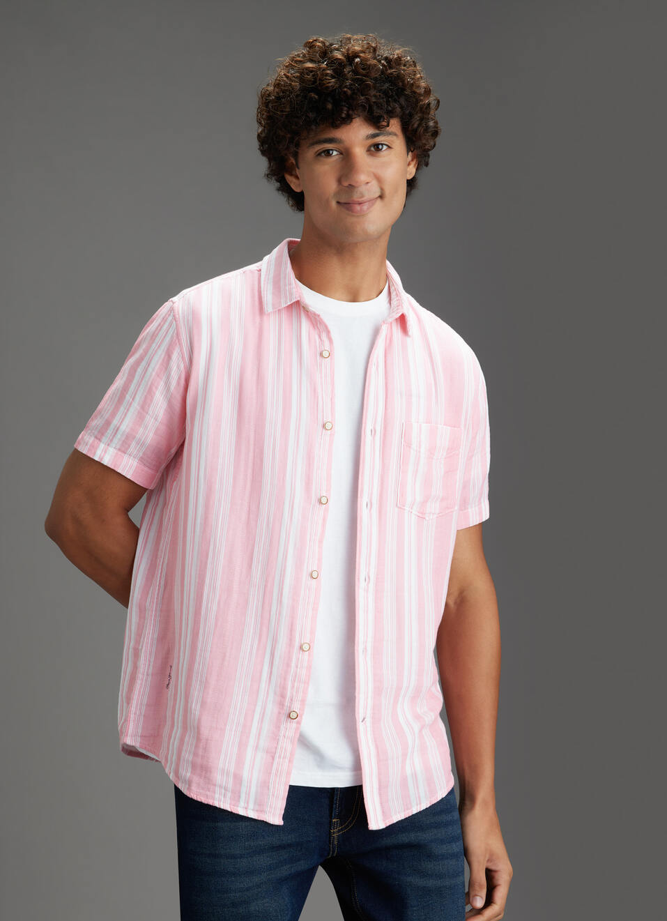Men Pink Striped Regular Fit Short Sleeve Casual Shirt, , large image number 0