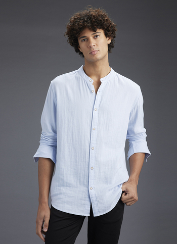 Men Blue Solid Regular Fit Mandarin Collar Shirt