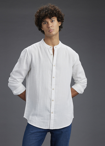Men White Solid Regular Fit Mandarin Collar Shirt
