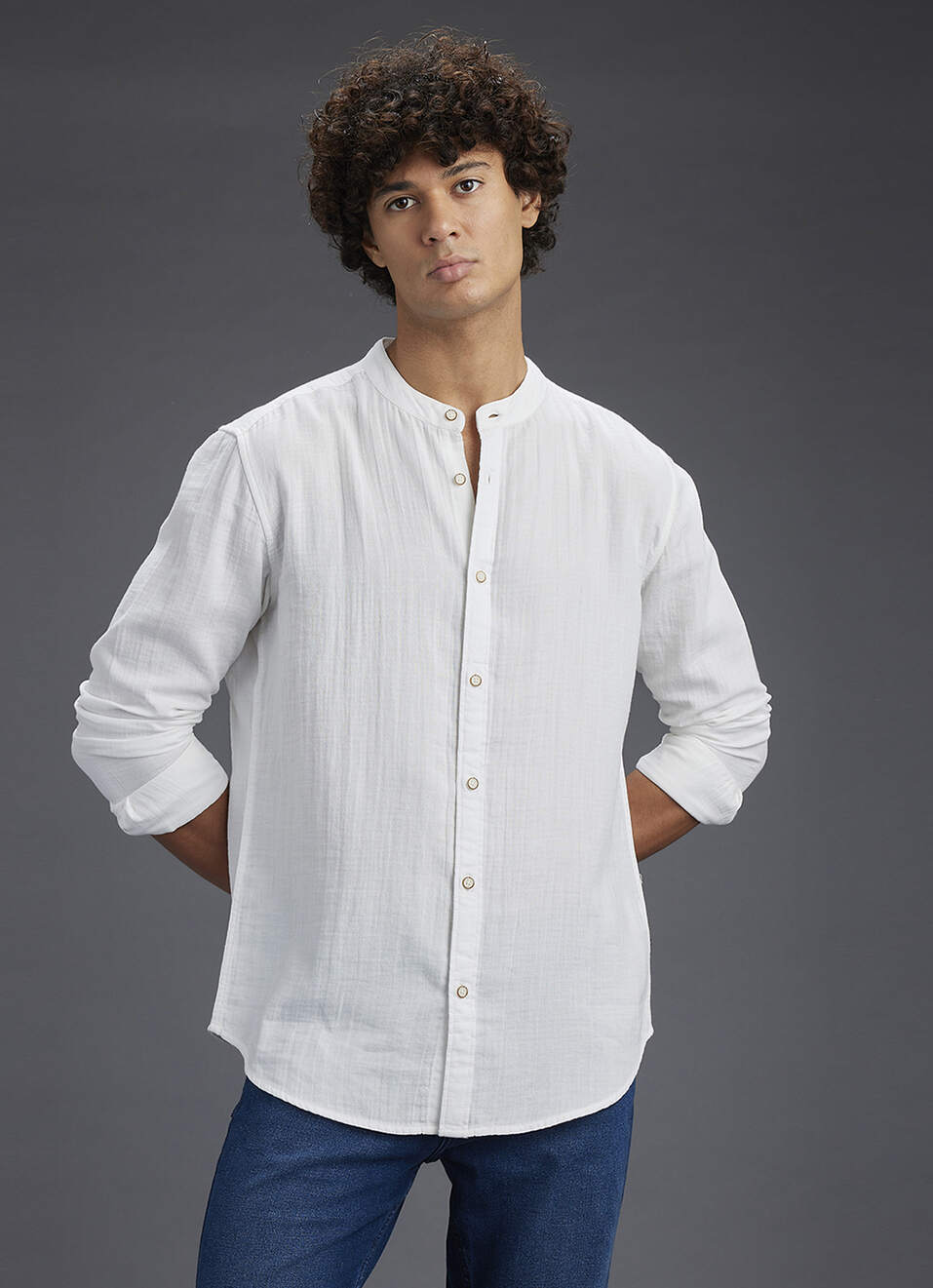 Men White Solid Regular Fit Mandarin Collar Shirt, , large image number 0