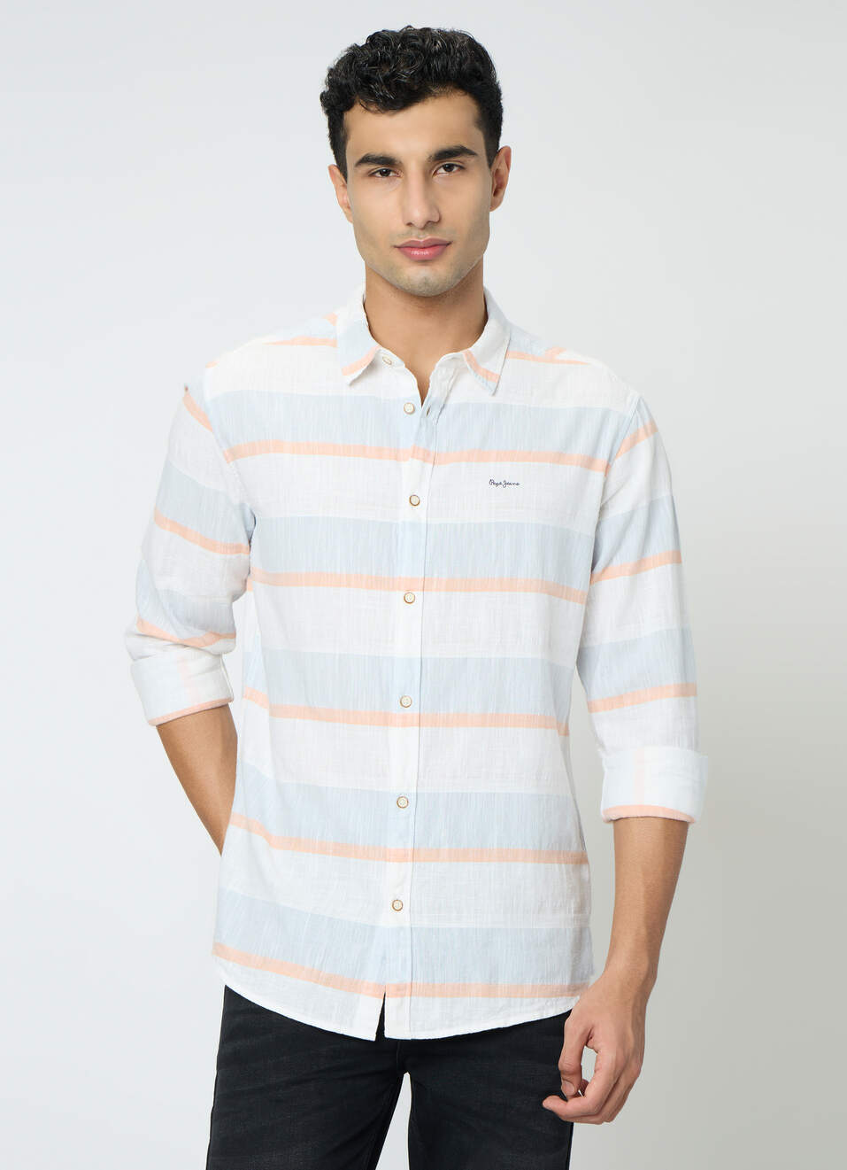 Men Sky Blue Striped Shirt, , large image number 1