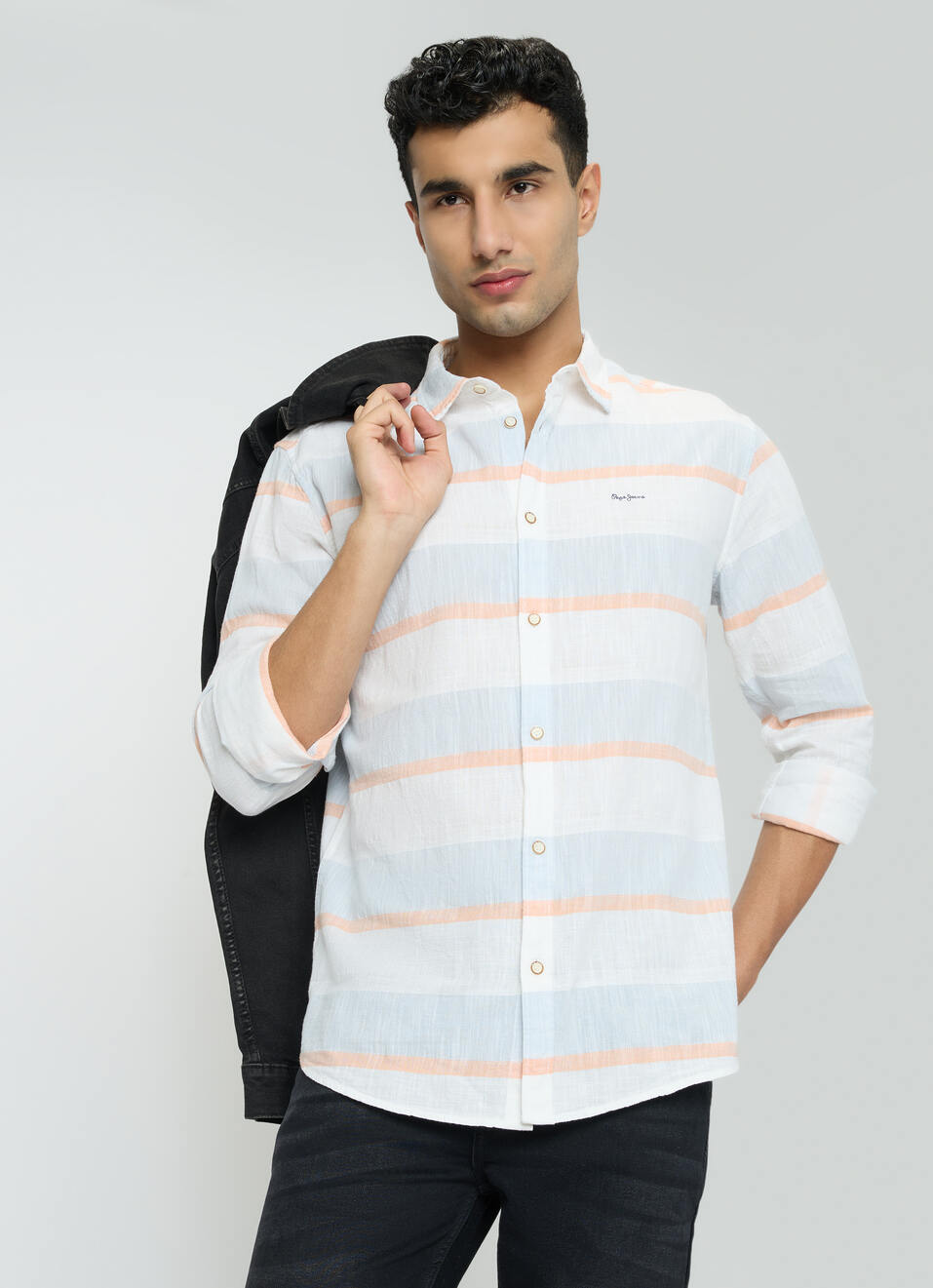 Men Sky Blue Striped Shirt, , large image number 0