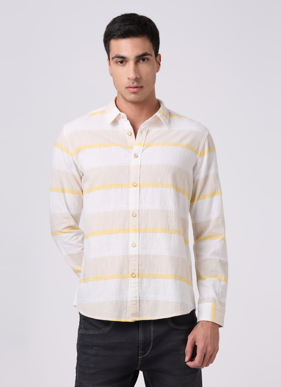 Men Beige Striped Shirt, , large image number 1