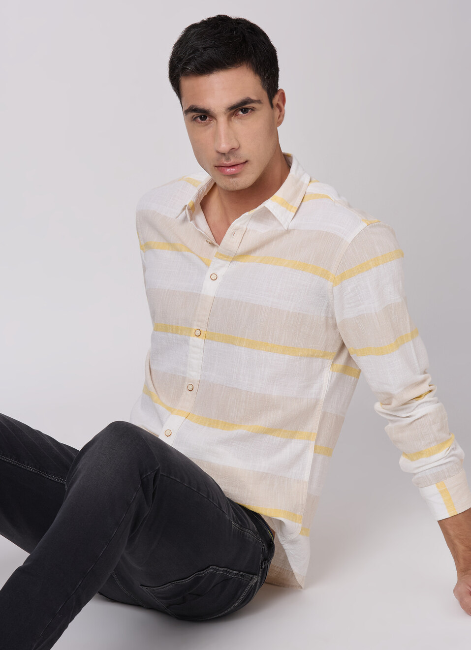 Men Beige Striped Shirt, , large image number 0