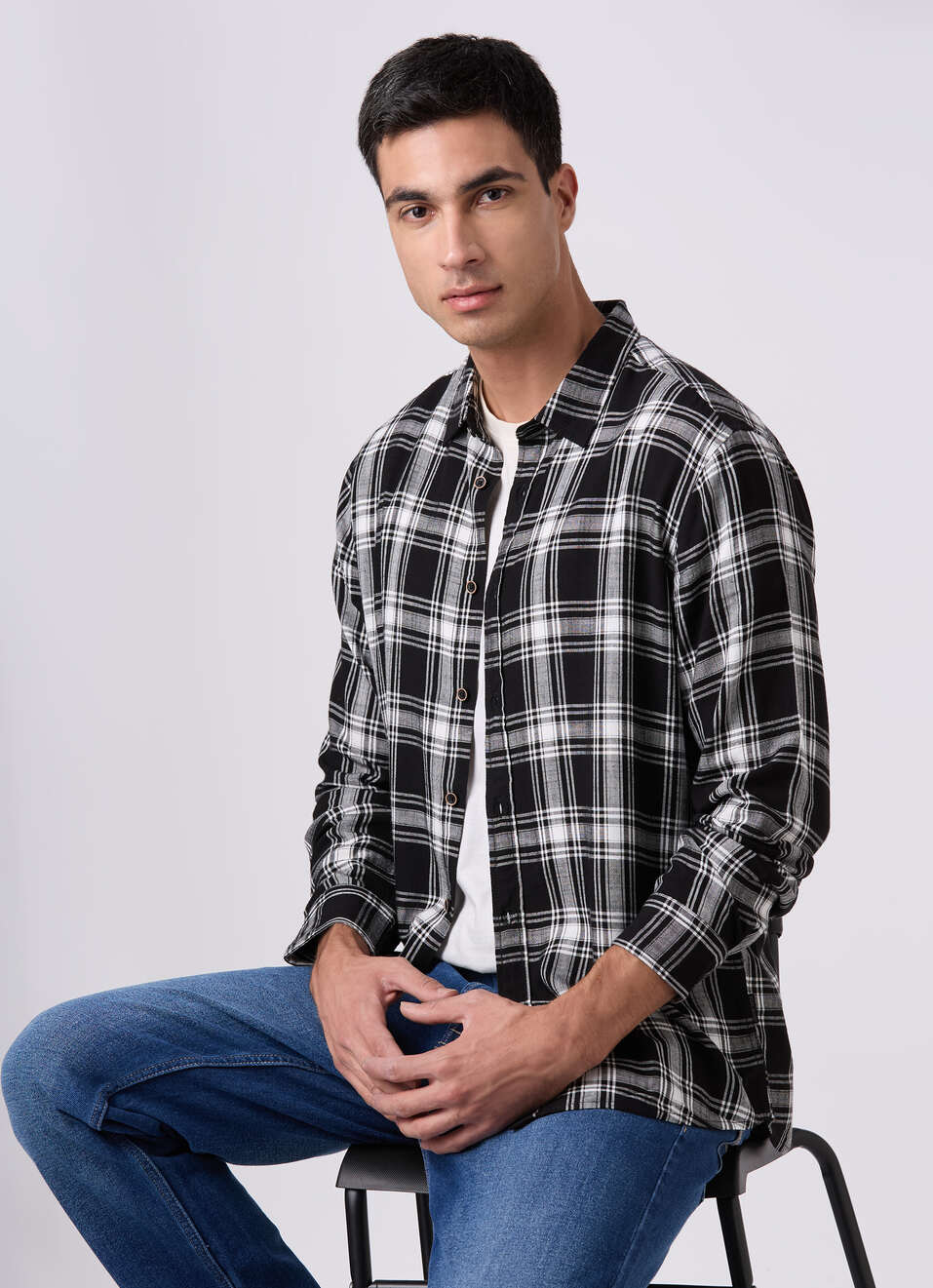 Men Black Checked Shirt, , large image number 0