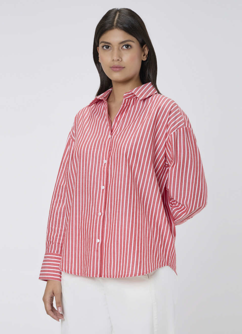 Women Red Striped Oversized Shirt, , large image number 3
