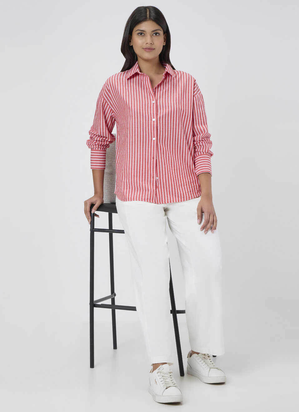 Women Red Striped Oversized Shirt, , large image number 5