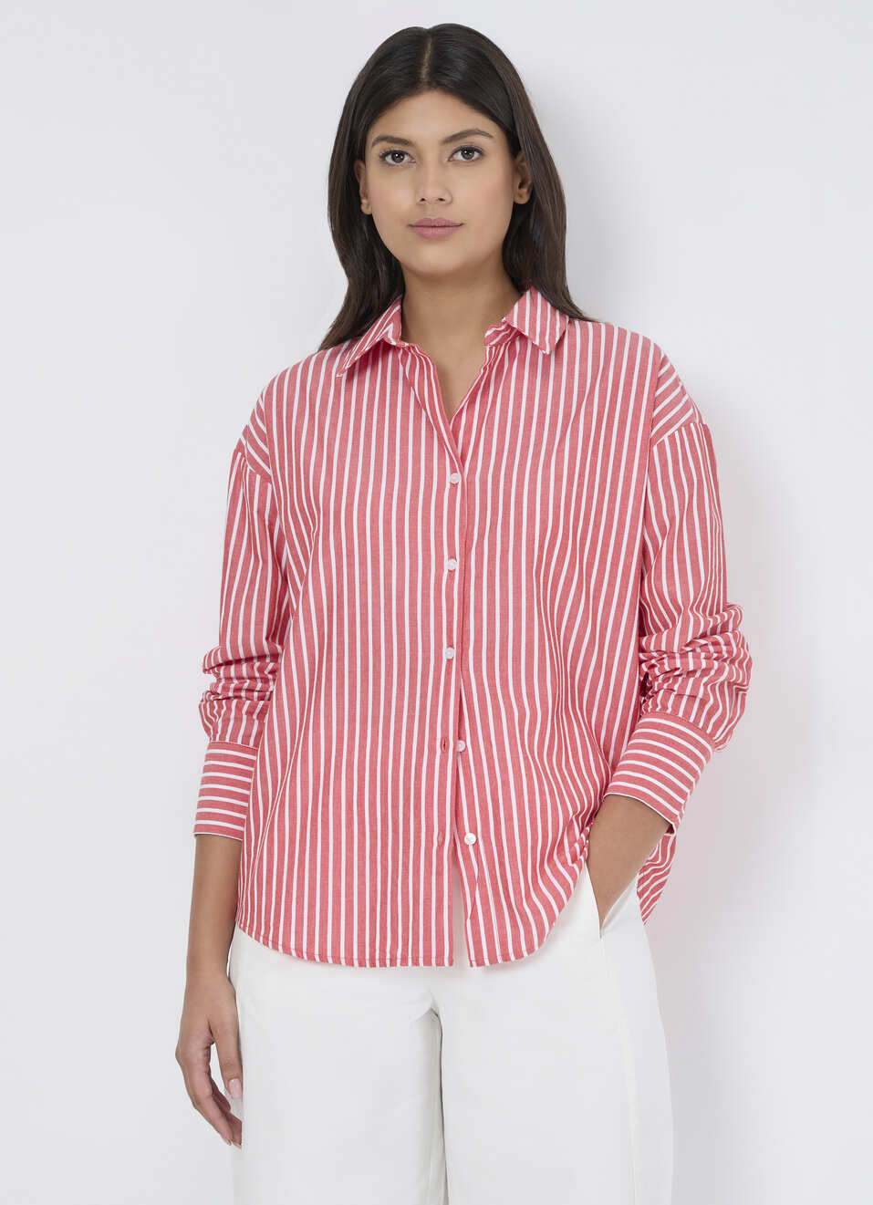 Women Red Striped Oversized Shirt, , large image number 0