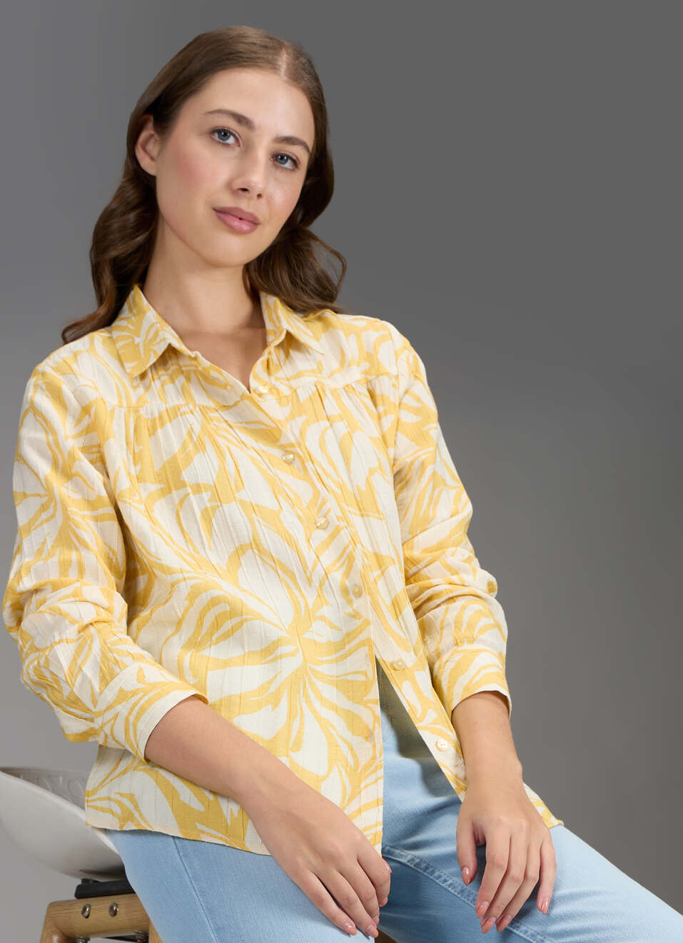 Women Yellow Printed Regular Fit Shirt, , large image number 0