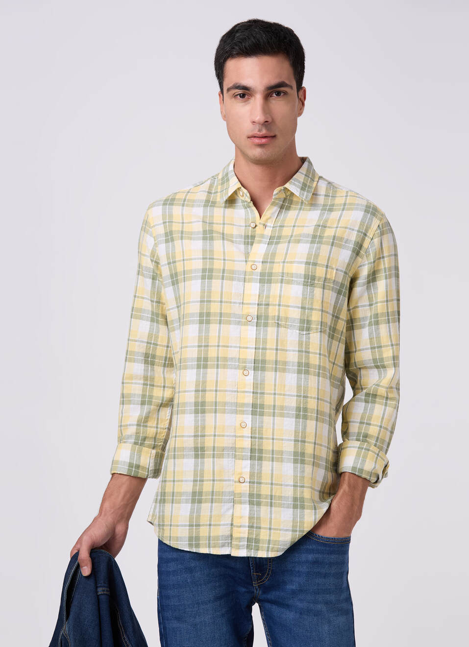 Men Yellow Checked Shirt, , large image number 0