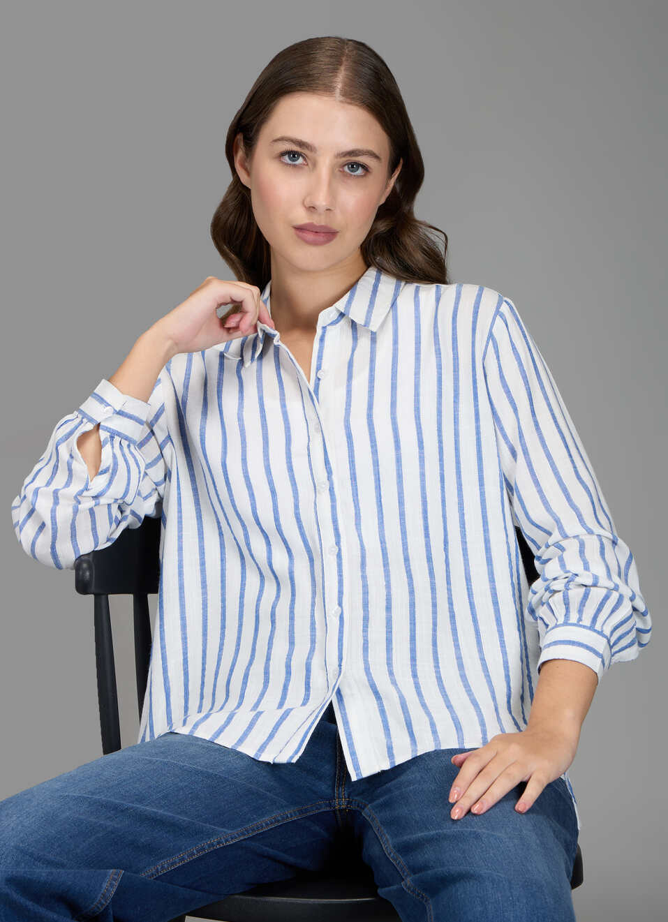 Women Blue Striped Regular Fit Shirt, , large image number 0
