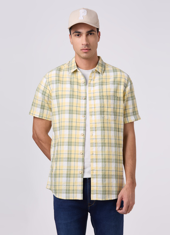 Men Yellow Checked Shirt
