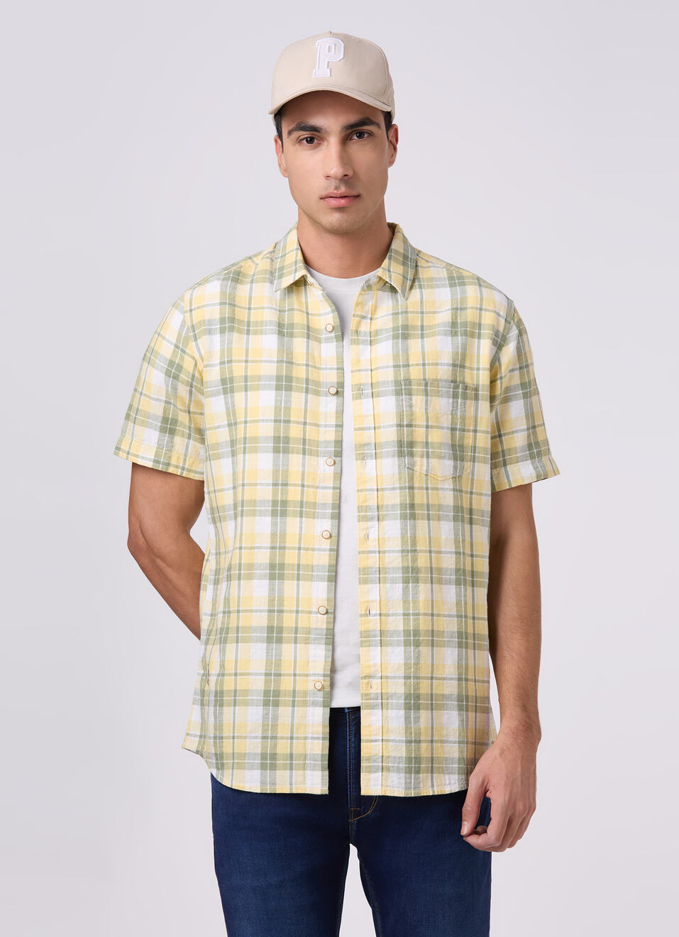 Men Yellow Checked Shirt, , large image number 0