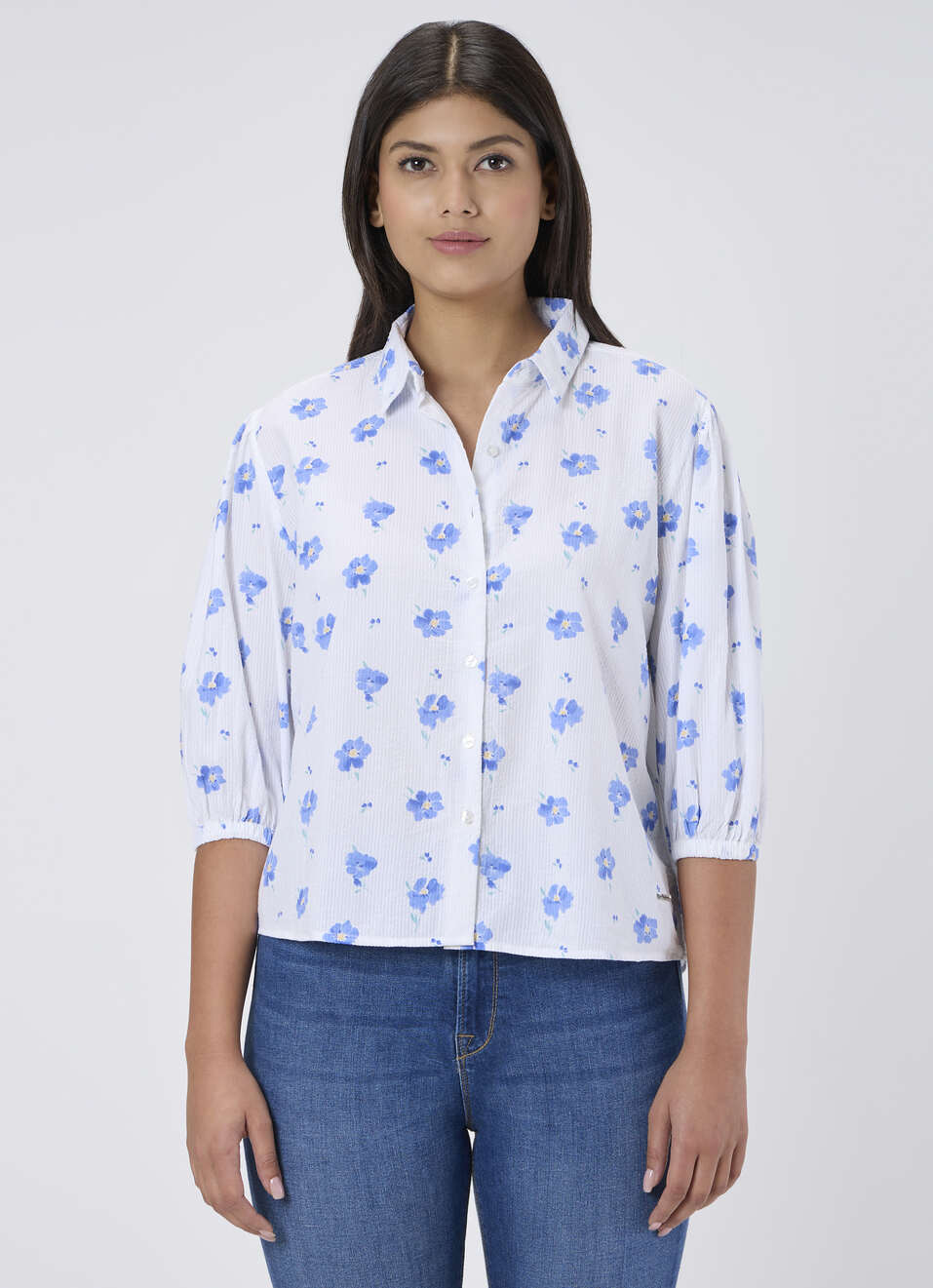 Women Blue Floral Print Regular Fit Shirt, , large image number 1