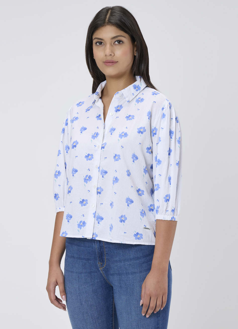 Women Blue Floral Print Regular Fit Shirt, , large image number 3