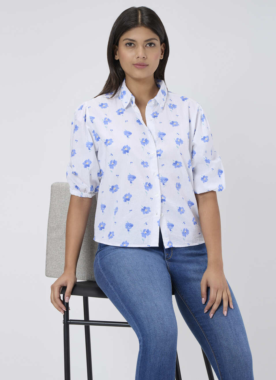 Women Blue Floral Print Regular Fit Shirt, , large image number 0