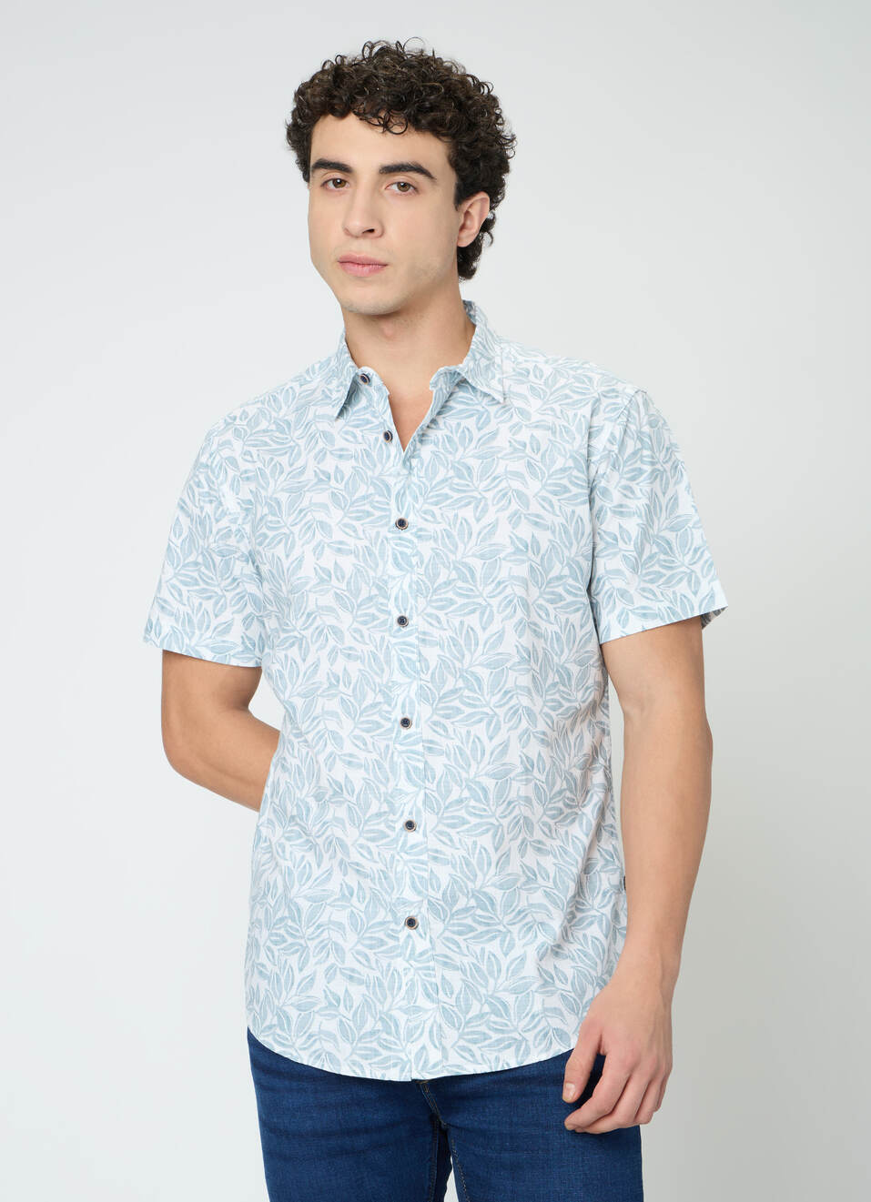 Men Blue Botanical Print Shirt, , large image number 1