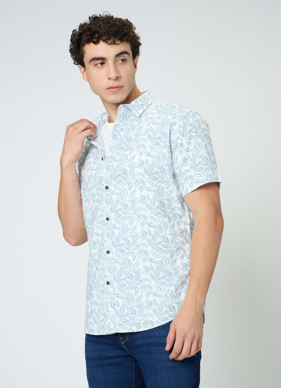 Men Blue Botanical Print Shirt, , large image number 0