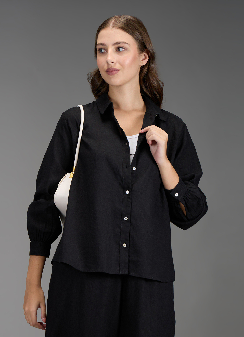Women Black Solid Regular Fit Shirt, , large image number 0