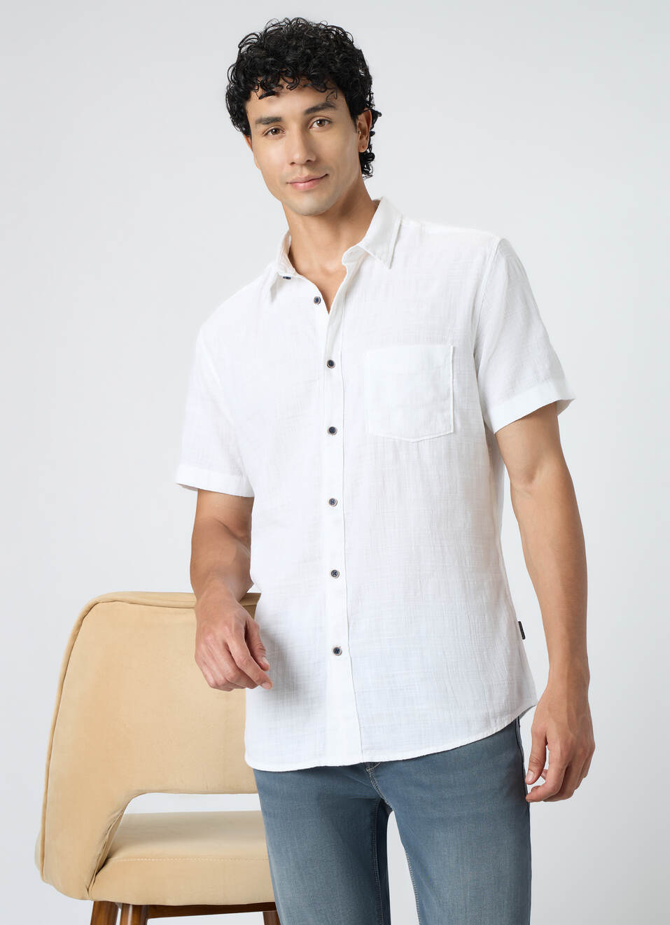 Men White Solid Shirt, , large image number 0