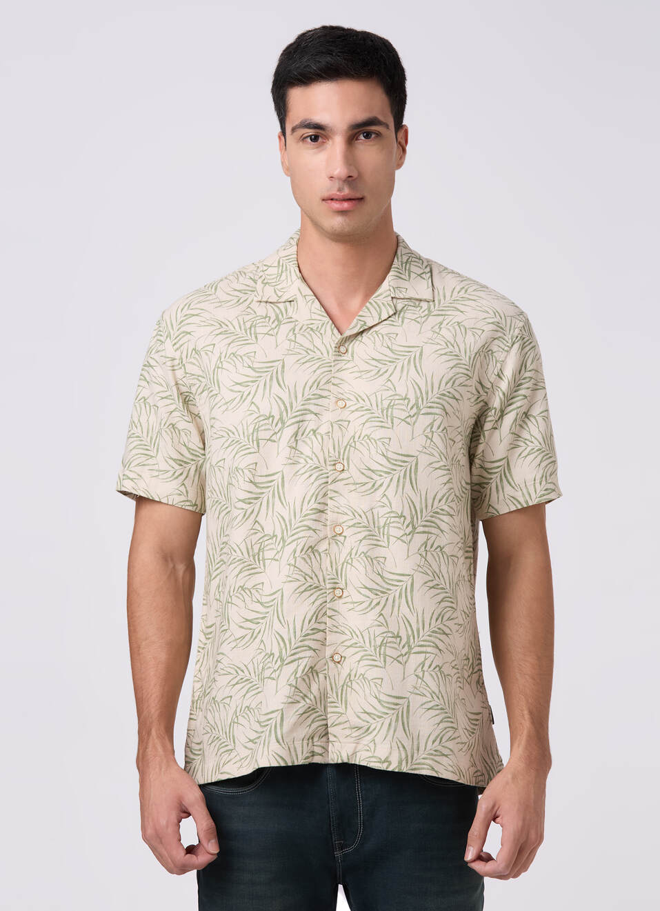 Men Beige Printed Resort Collar Shirt, , large image number 1
