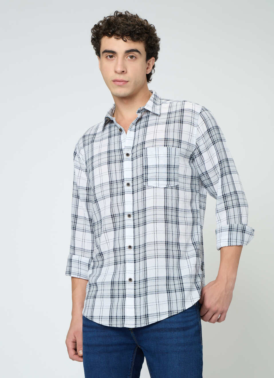 Men Grey Checked Shirt, , large image number 1