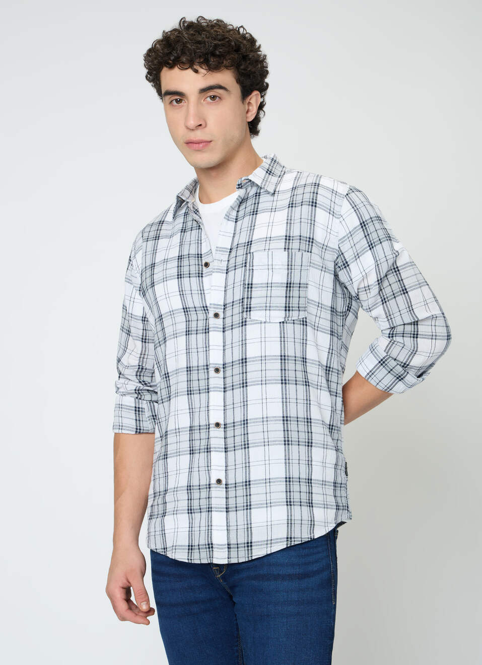 Men Grey Checked Shirt, , large image number 0