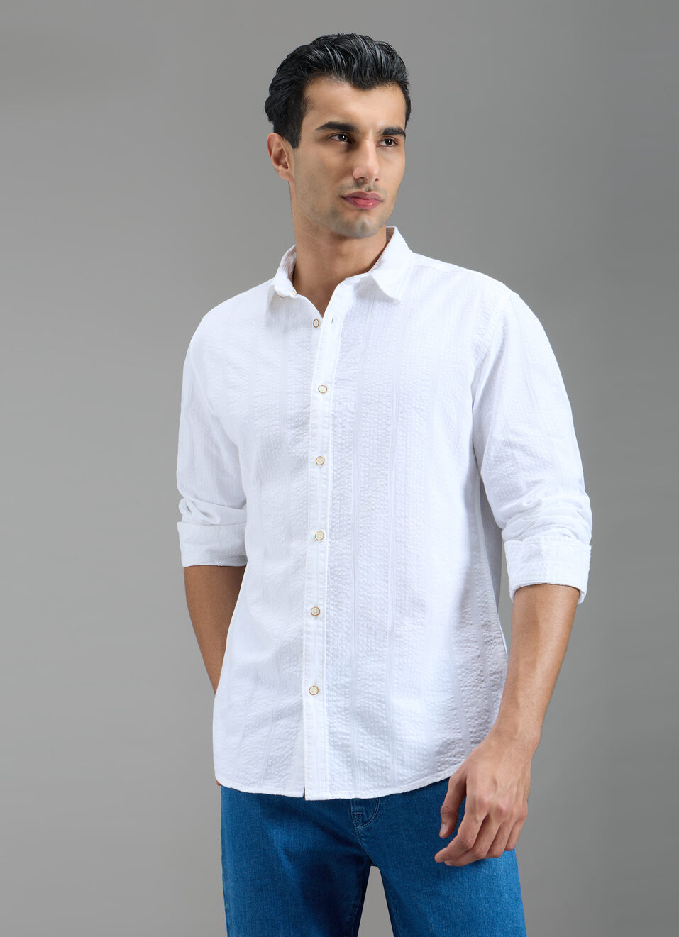 Men White Striped Shirt, , large image number 1