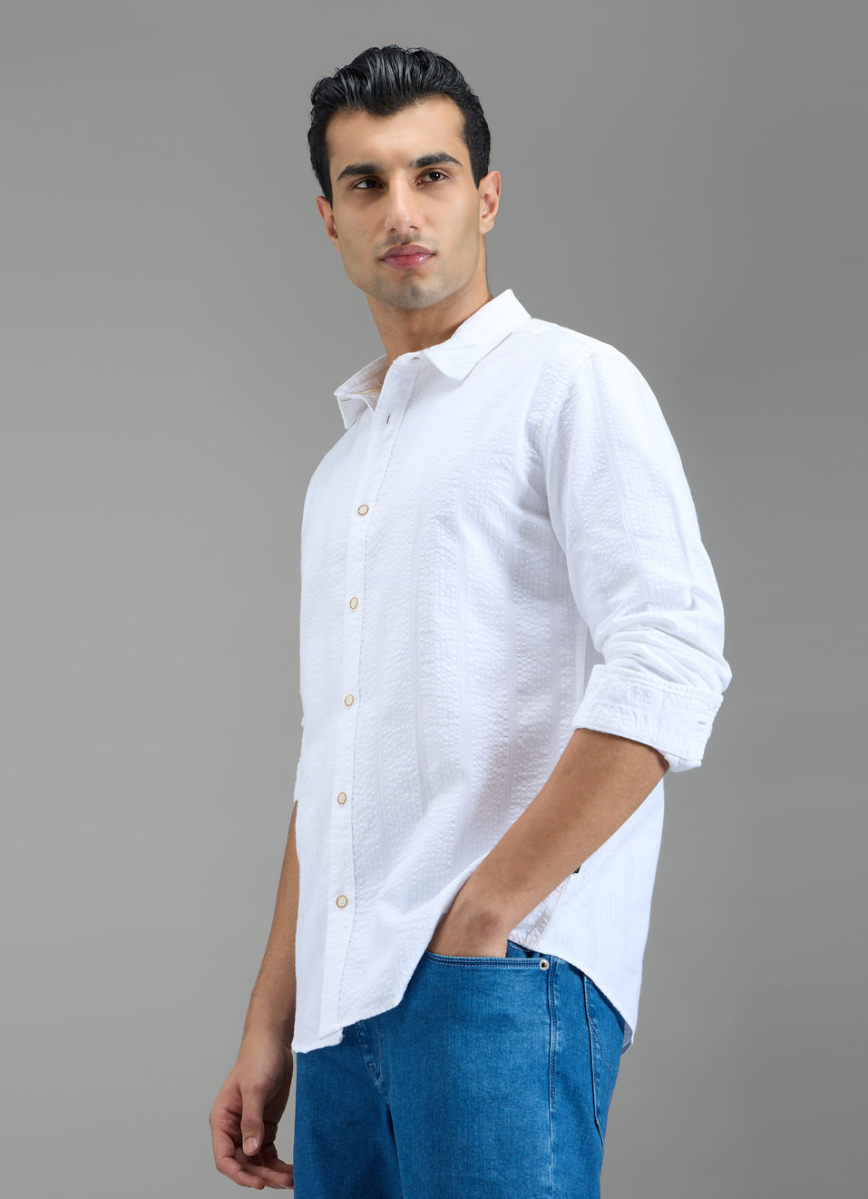 Men White Striped Shirt, , large image number 3