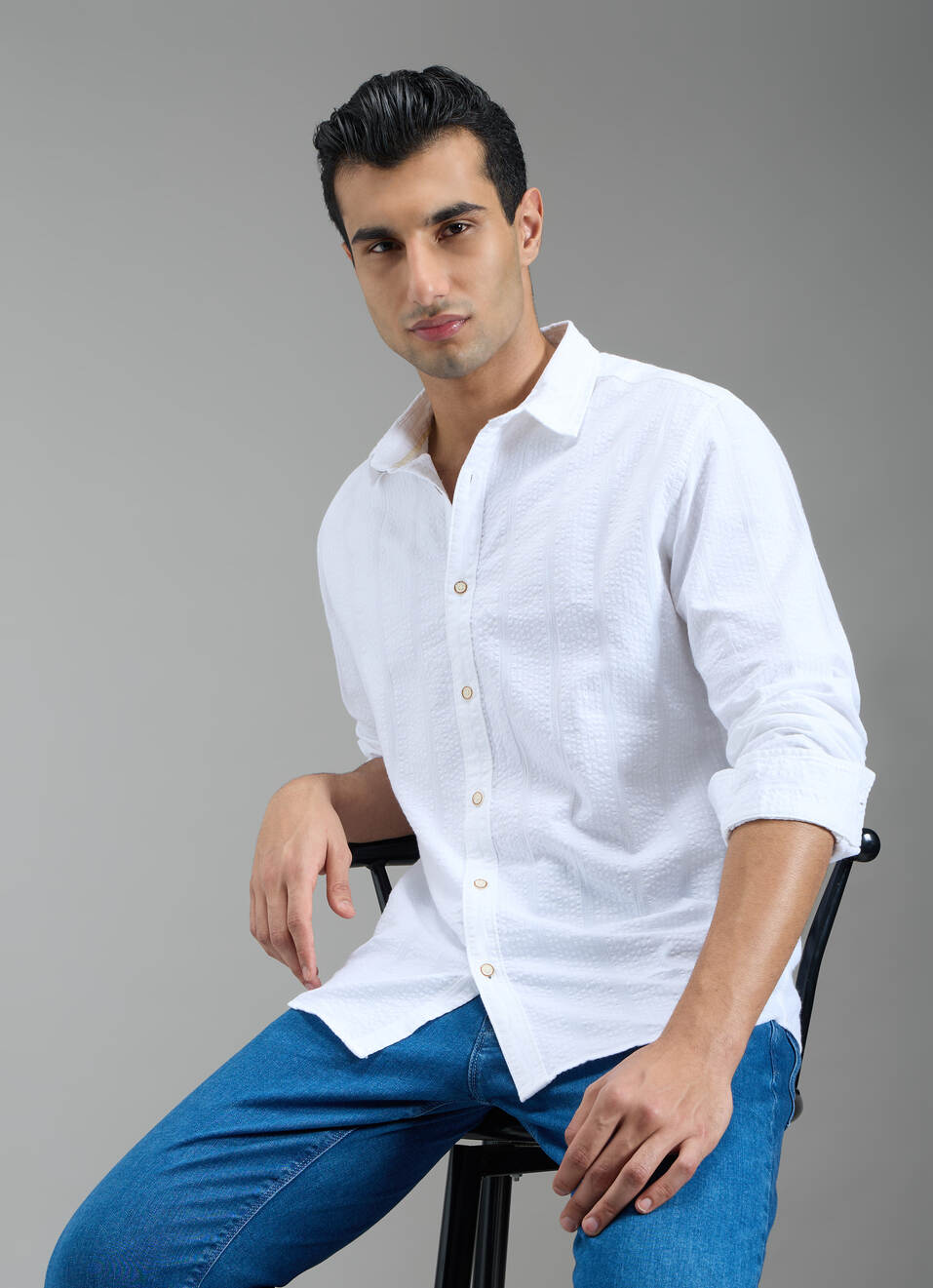 Men White Striped Shirt, , large image number 0