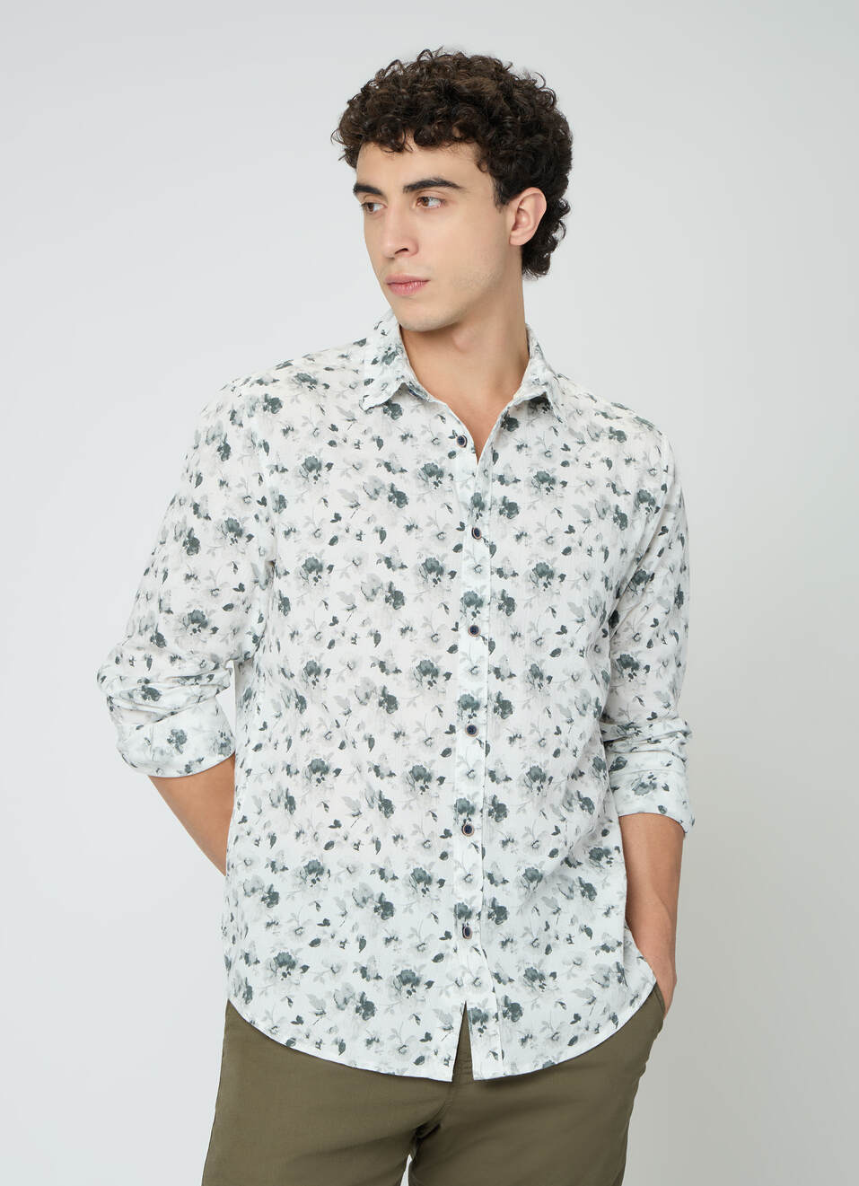 Men Olive Green Floral Print Shirt, , large image number 1