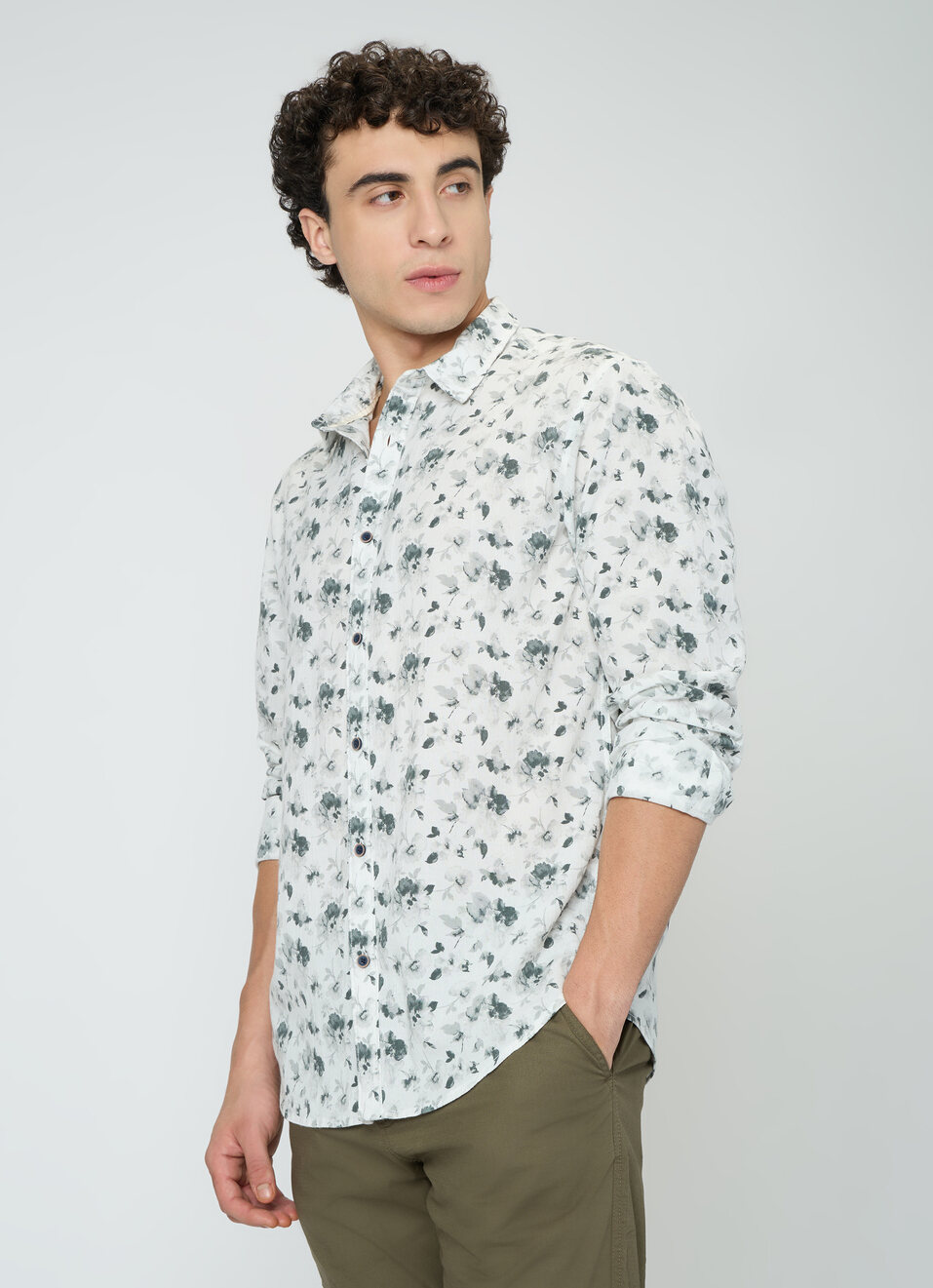 Men Olive Green Floral Print Shirt, , large image number 3