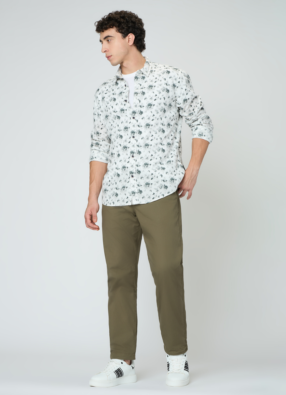 Men Olive Green Floral Print Shirt, , large image number 5