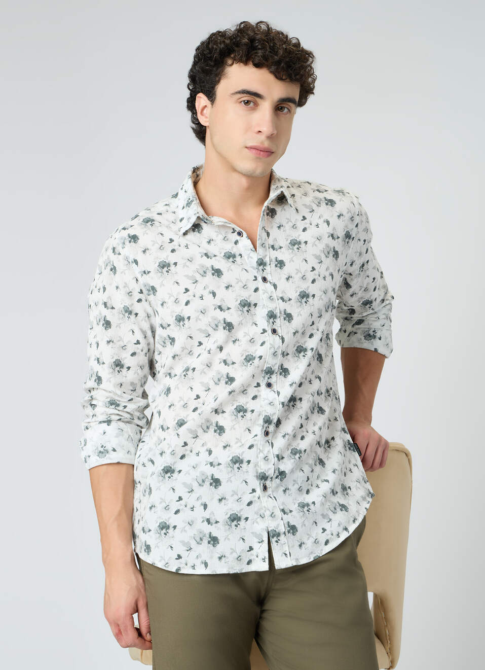 Men Olive Green Floral Print Shirt, , large image number 0