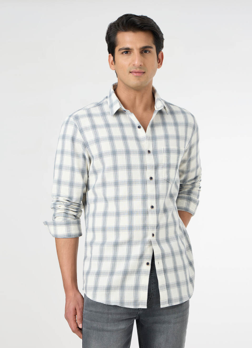 Men Grey Checked Shirt, , large image number 0