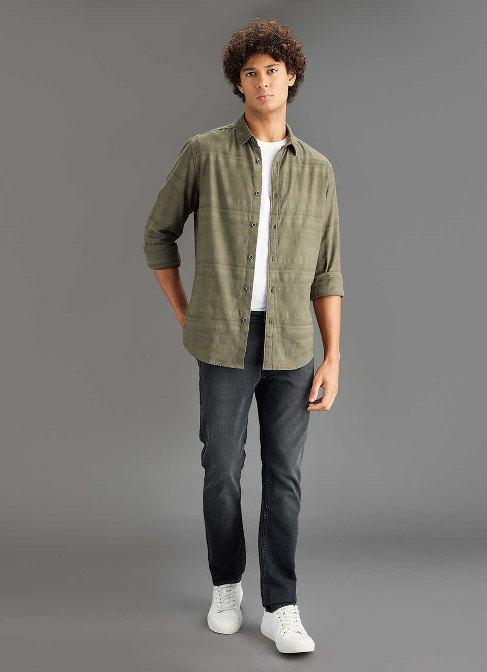 Men Olive Solid Regular Fit Self-structured Shirt, , large image number 1