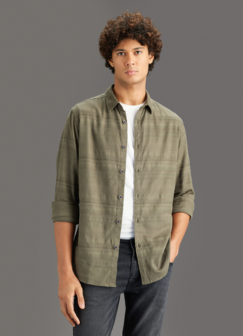 Men Olive Solid Regular Fit Self-structured Shirt