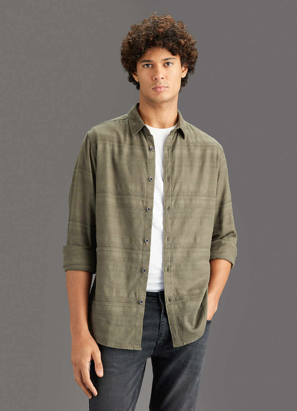 Men Olive Solid Regular Fit Self-structured Shirt, , large image number 0